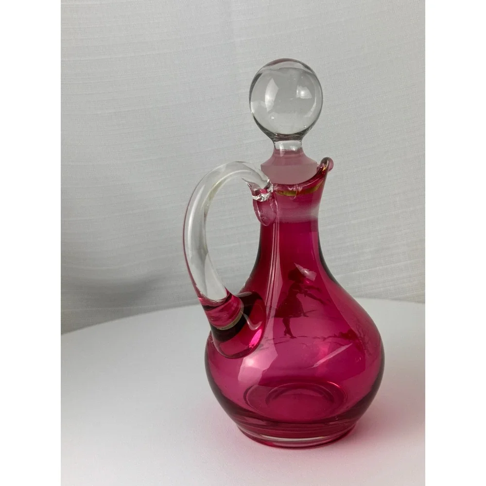 Vintage Mary Gregory Style Cranberry Glass Decanter Pink Enamel Girl 7.5in Good